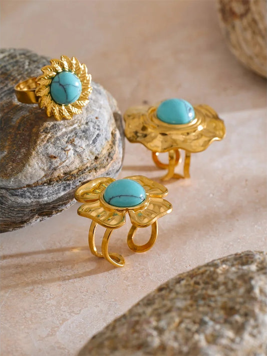 Blue turquoise flower sun adjustable ring - product image