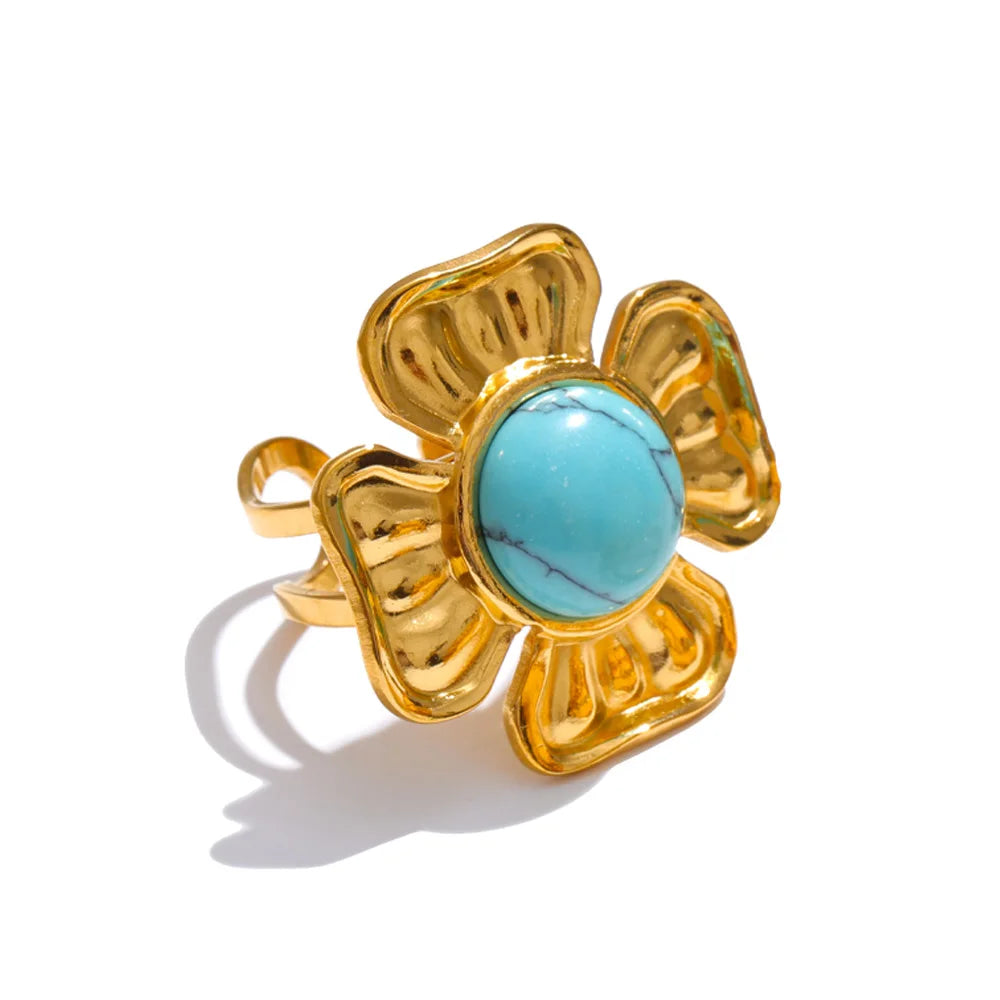 Blue turquoise flower sun adjustable ring - product image