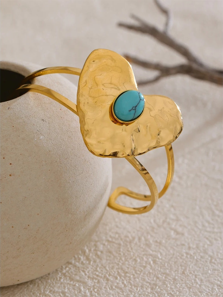 Blue turquoise inlaid heart love earrings ring bracelet set - product image