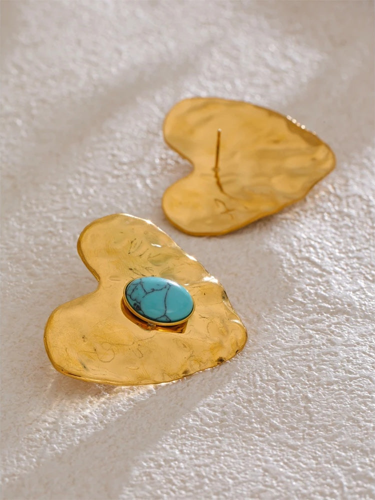 Blue turquoise inlaid heart love earrings ring bracelet set - product image