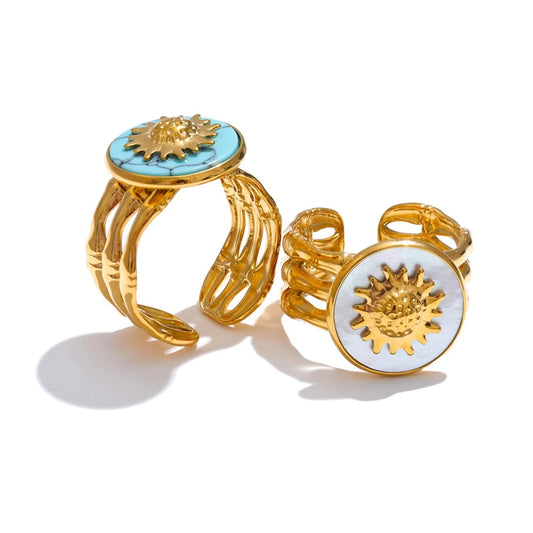Blue turquoise shell adjustable open ring - product image