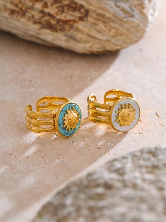Blue turquoise shell adjustable open ring - product image