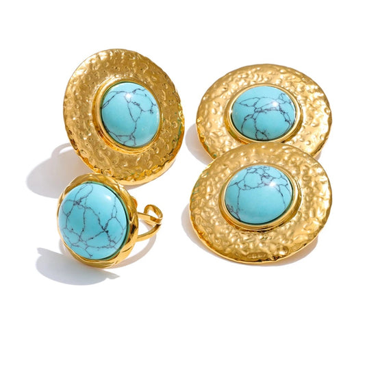 Blue turquoise stone round stud earrings ring set - product image