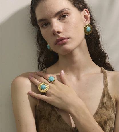 Blue turquoise stone round stud earrings ring set - product image