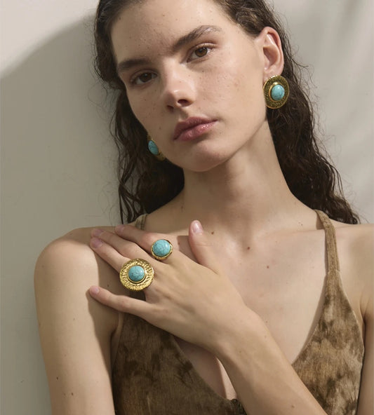 Blue turquoise stone round stud earrings ring set - product image