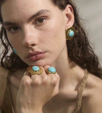 Blue turquoise stone round stud earrings ring set - product image