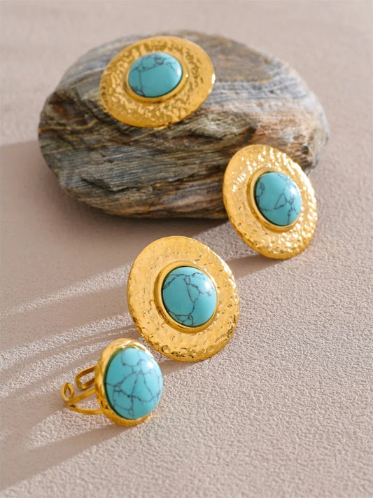 Blue turquoise stone round stud earrings ring set - product image
