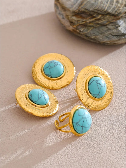 Blue turquoise stone round stud earrings ring set - product image
