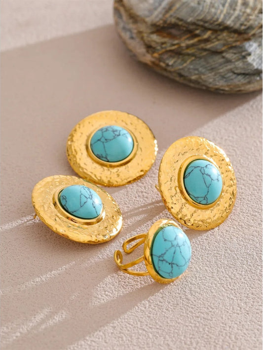 Blue turquoise stone round stud earrings ring set - product image