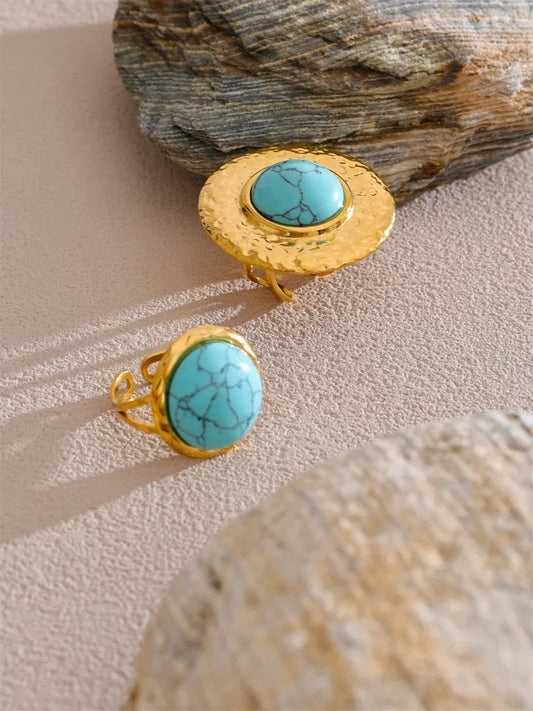 Blue turquoise stone round stud earrings ring set - product image