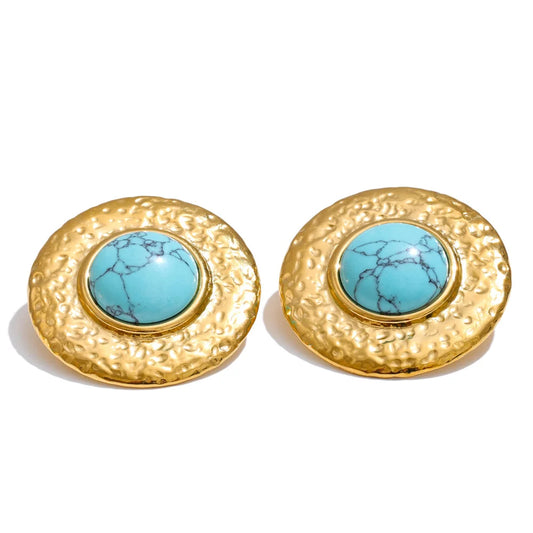 Blue turquoise stone round stud earrings ring set - product image