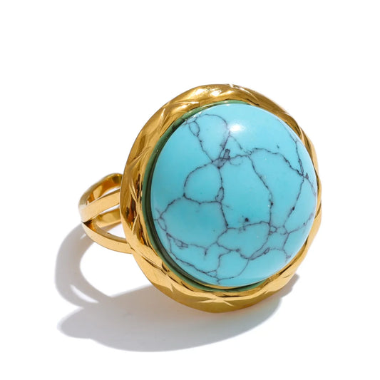 Blue turquoise stone round stud earrings ring set - product image