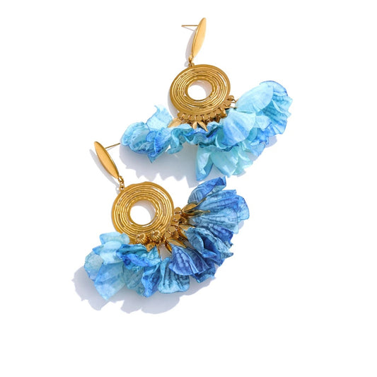 Bohemian blue cloth flower drop earrings - product image