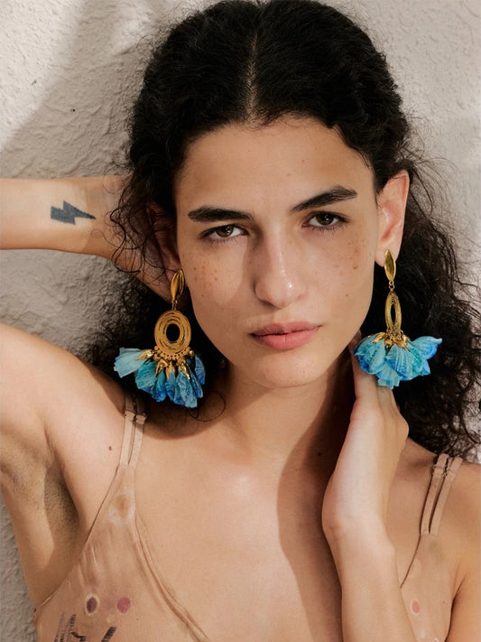 Bohemian blue cloth flower drop earrings - product image