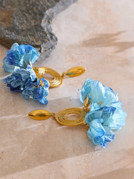 Bohemian blue cloth flower drop earrings - product image