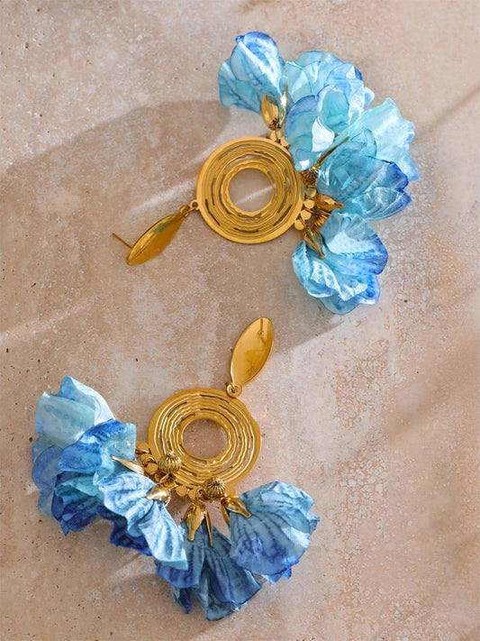 Bohemian blue cloth flower drop earrings - product image