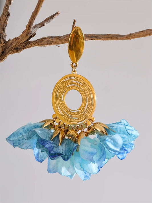 Bohemian blue cloth flower drop earrings - product image
