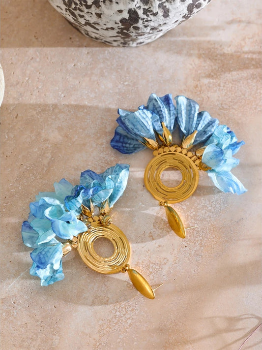 Bohemian blue cloth flower drop earrings - product image