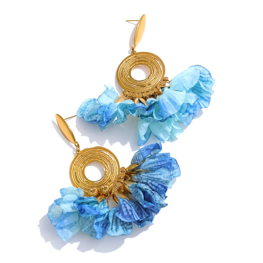 Bohemian blue cloth flower drop earrings - product image