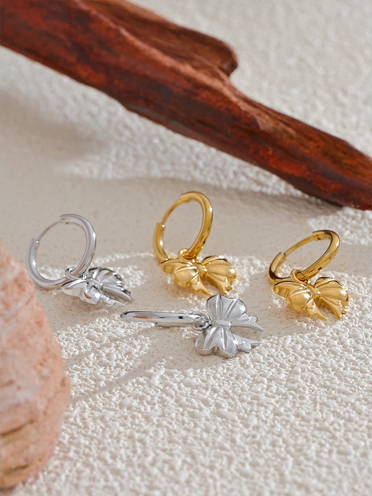 Bow tie drop hoop earrings waterproof - product image