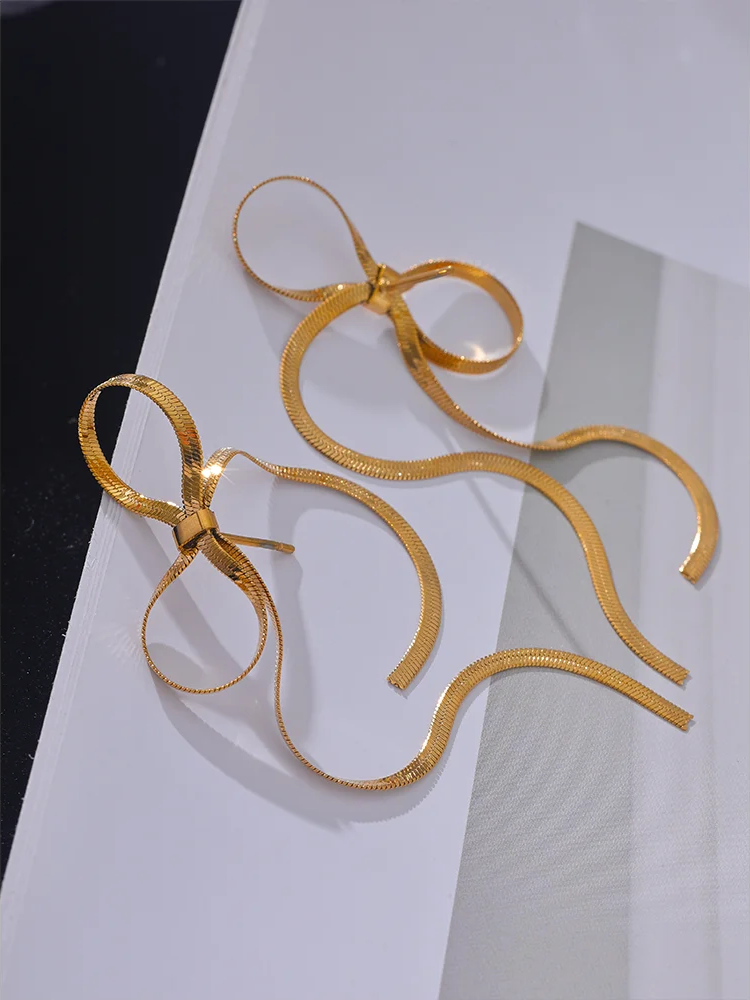 Bowknot chain long tassel drop earrings - product image