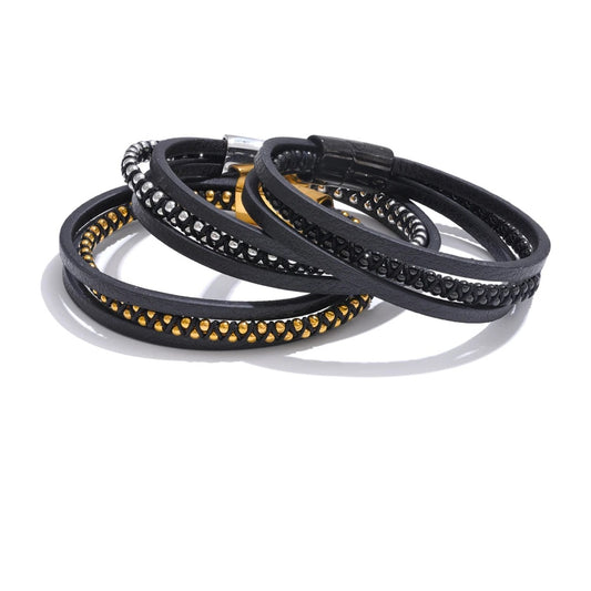 Braided fiber leather layered men wrist bracelet - product image