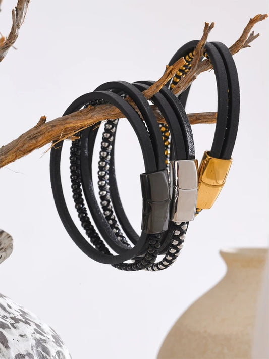 Braided fiber leather layered men wrist bracelet - product image