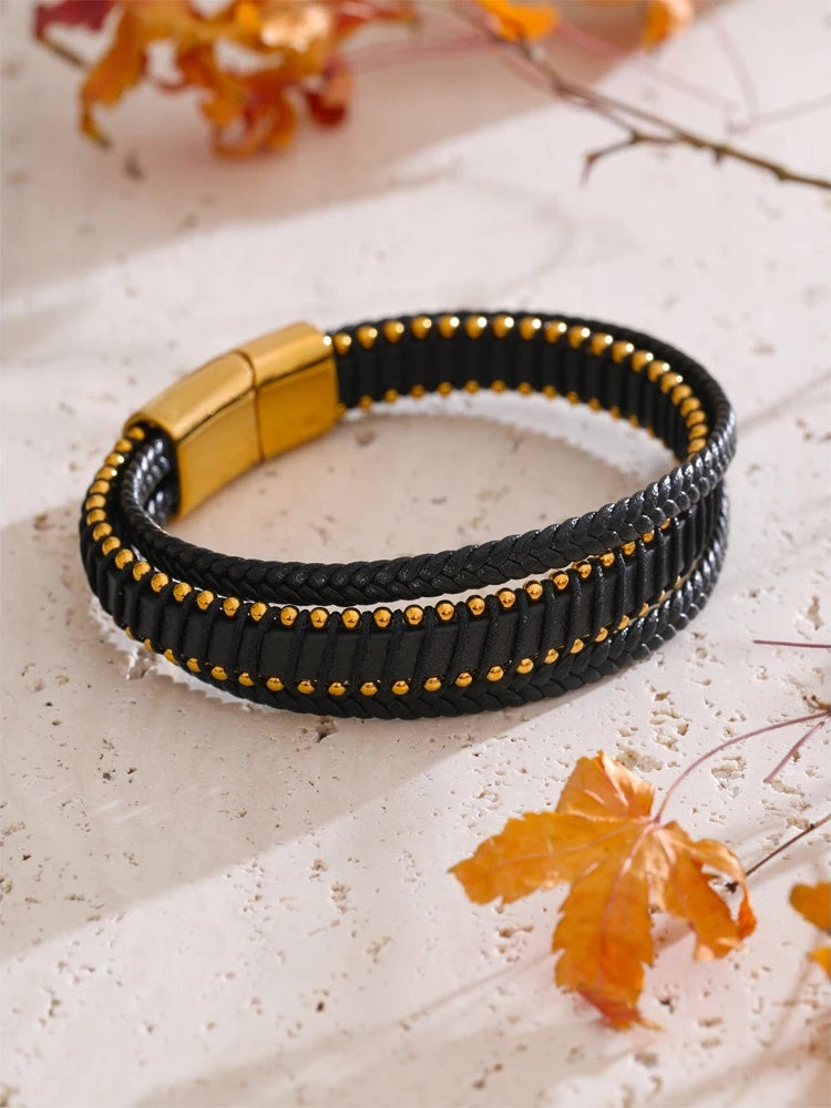Braided fiber leather layered men wrist bracelet - product image