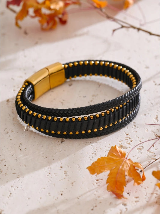 Braided fiber leather layered men wrist bracelet - product image