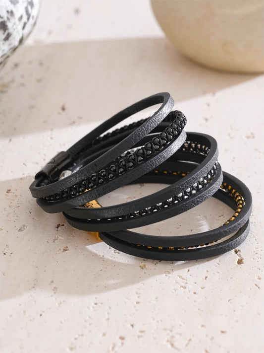 Braided fiber leather layered men wrist bracelet - product image