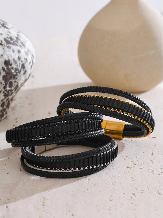 Braided fiber leather layered men wrist bracelet - product image