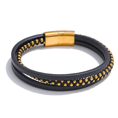 Braided fiber leather layered men wrist bracelet - product image