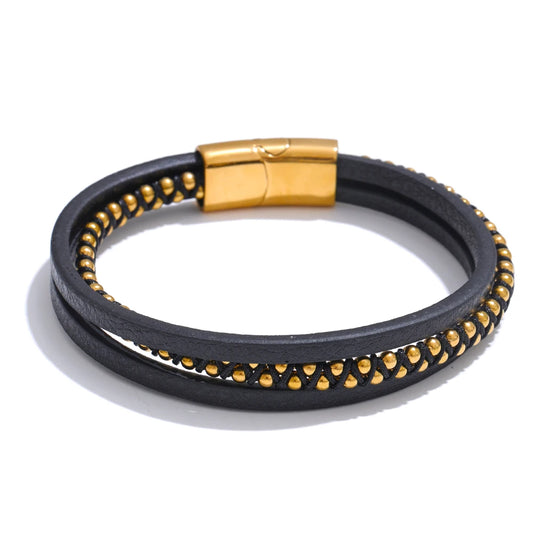 Braided fiber leather layered men wrist bracelet - product image