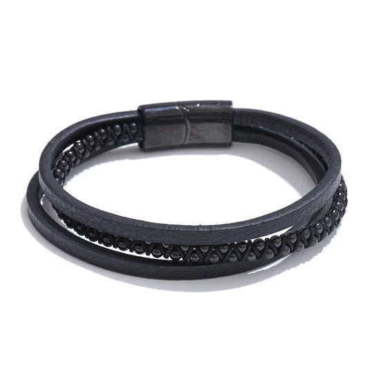 Braided fiber leather layered men wrist bracelet - product image