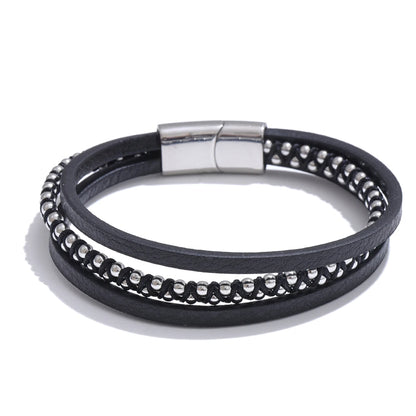 Braided fiber leather layered men wrist bracelet - product image