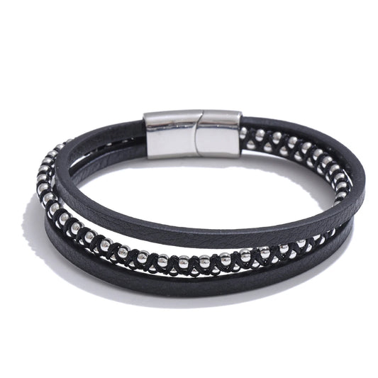 Braided fiber leather layered men wrist bracelet - product image