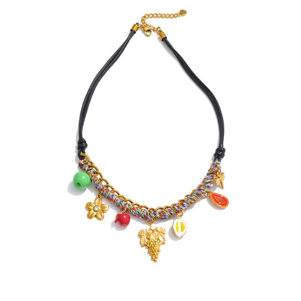 Braided flower fruit rope pendant necklace - product image
