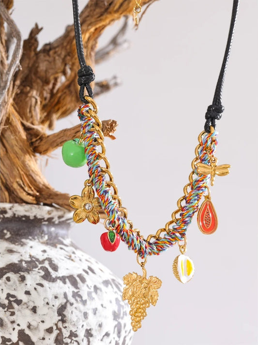 Braided flower fruit rope pendant necklace - product image
