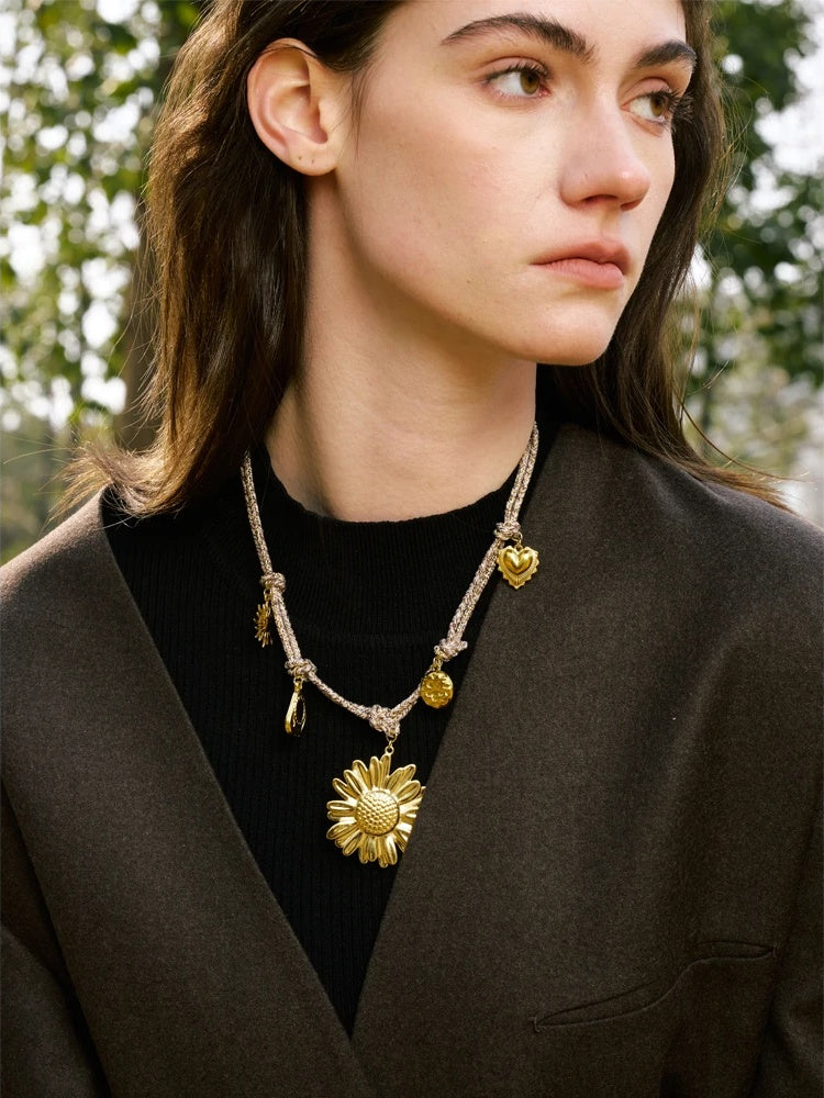 Braided sunflower flower pendant necklace - product image