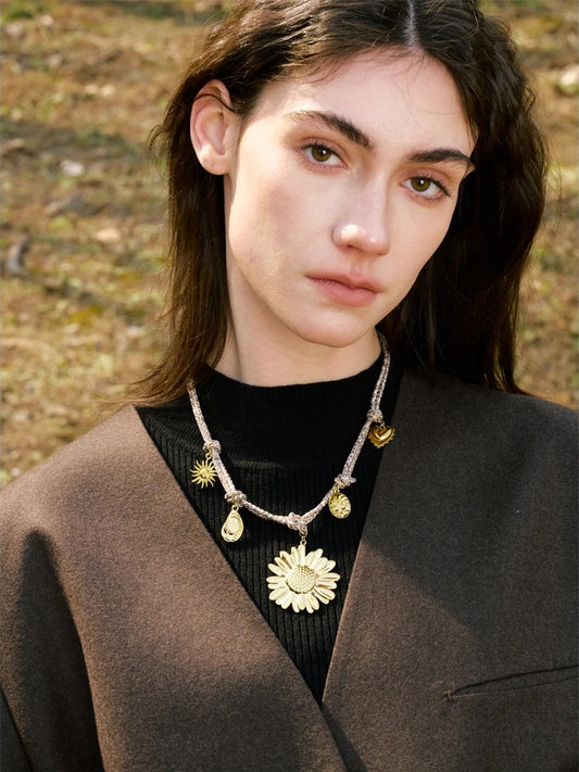 Braided sunflower flower pendant necklace - product image