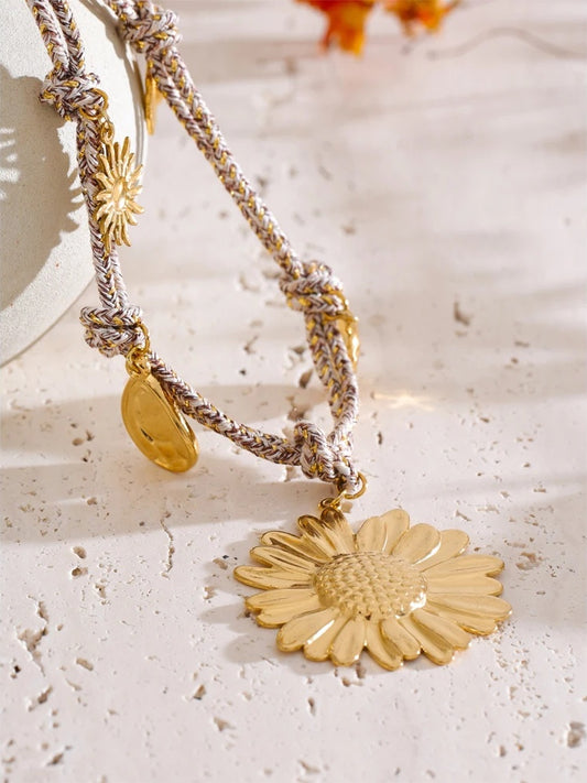 Braided sunflower flower pendant necklace - product image