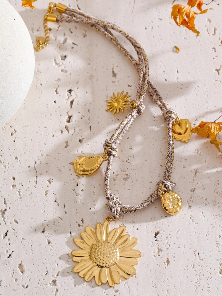 Braided sunflower flower pendant necklace - product image