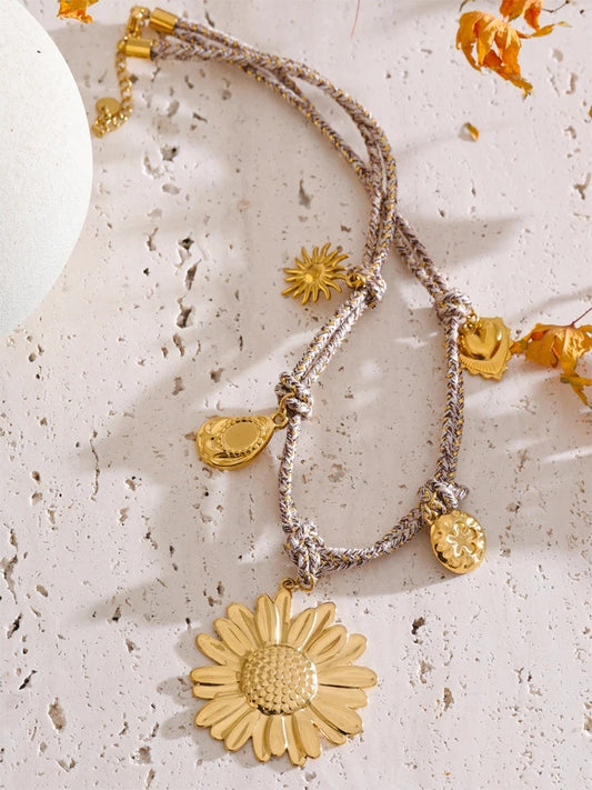 Braided sunflower flower pendant necklace - product image