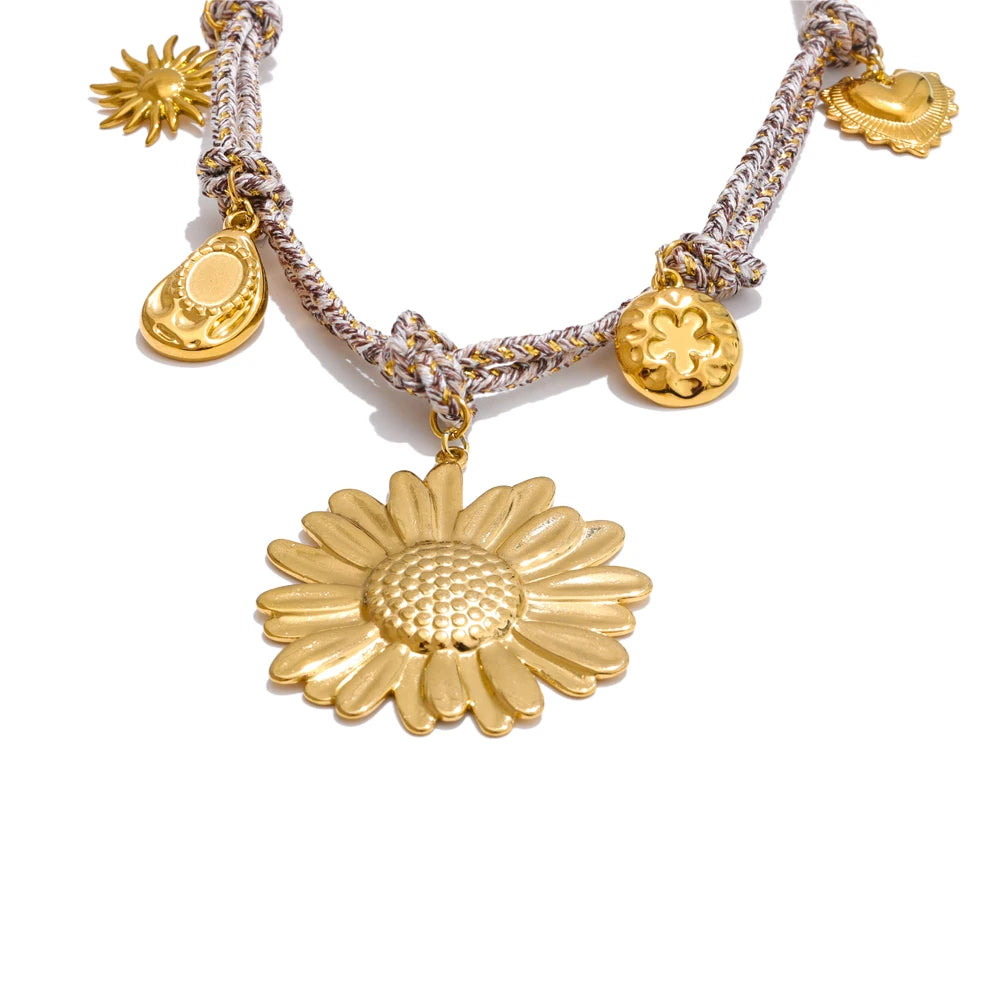 Braided sunflower flower pendant necklace - product image