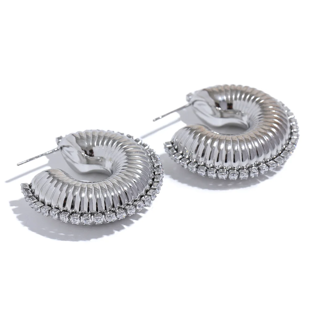 C-shape contemporary chunky zirconia texture earrings - product image