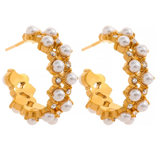 C-shape imitation pearl chic hoop earrings - product image