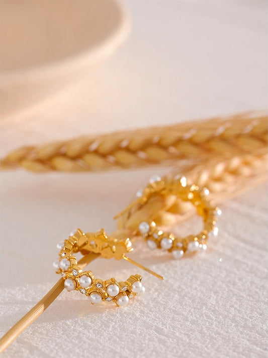 C-shape imitation pearl chic hoop earrings - product image