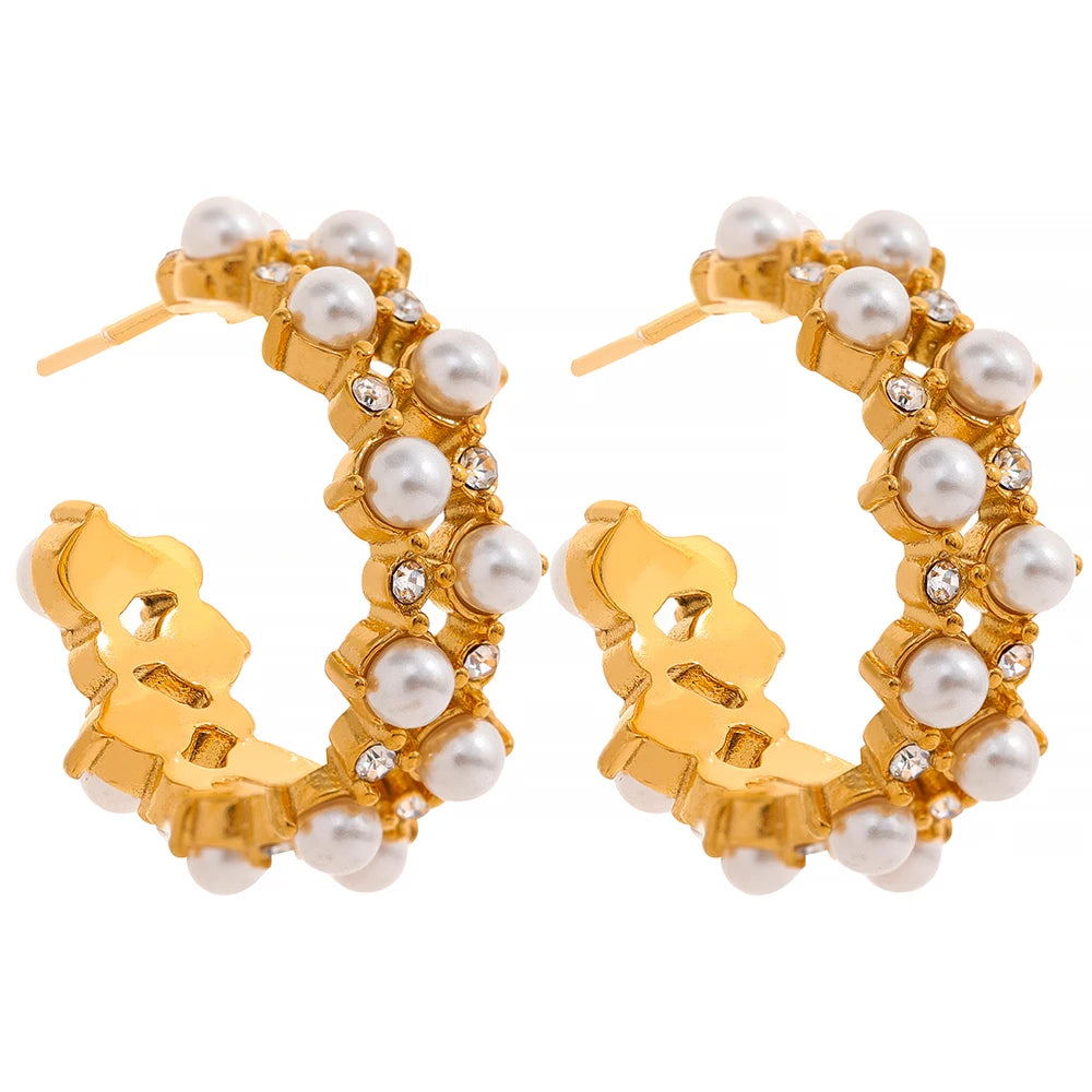 C-shape imitation pearl chic hoop earrings - product image