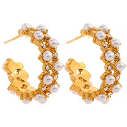 C-shape imitation pearl chic hoop earrings - product image