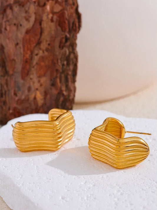C-shape stripe gold color statement hoop earrings - product image